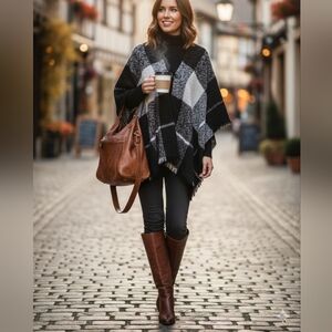 Maurices Black & White Plaid Toggle Poncho | Coastal Grandma Gorpcore Knit